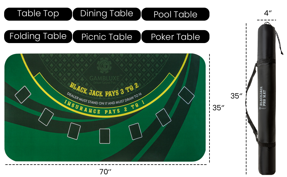 GAMBLUXE blackjack mat fits on every table type with measurements